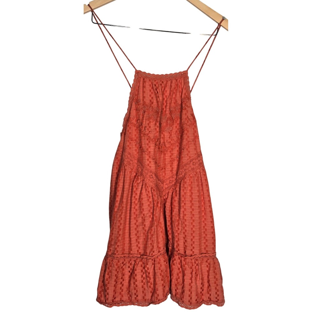 Free People Elisa Tunic Tank Top XS Coral Orange Lace Trim Halter Sleeveless